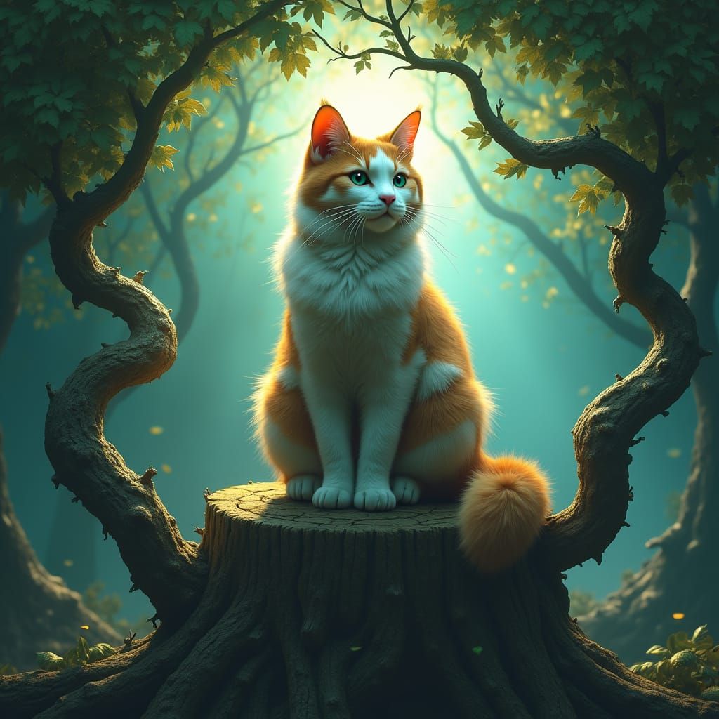 Pusheen in Mystical Forest, Fantasy Concept Art