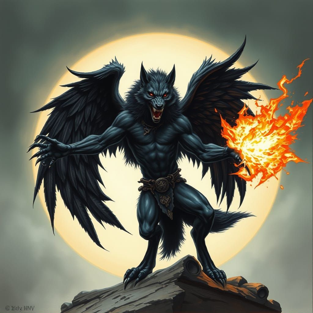 Fallen Angel Werewolf Warrior Shooting Fireball