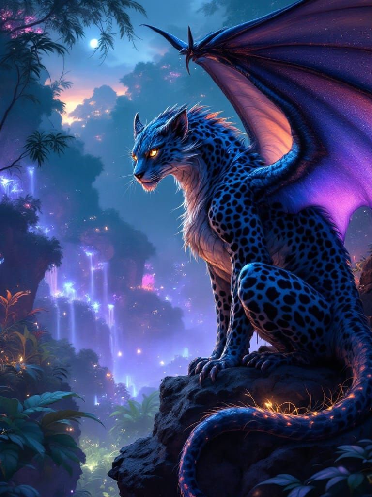 Hybrid Feline Dragon in Mystical Jungle Twilight