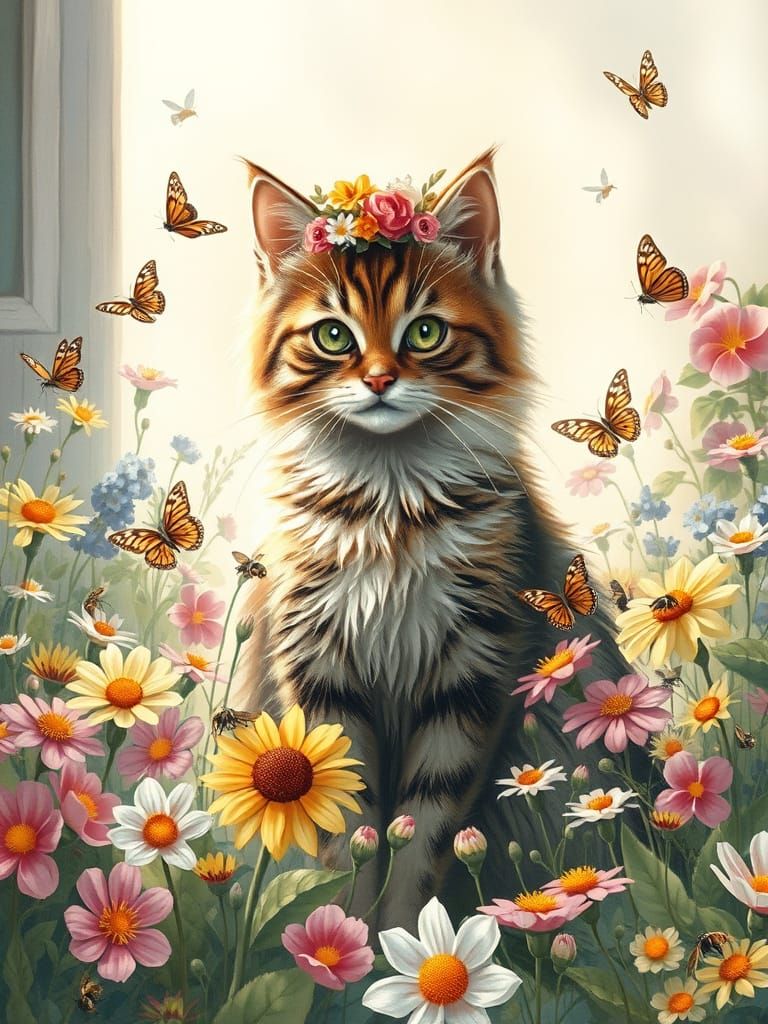 Fluffy Tabby Cat in Floral Crown, Botanical Illustration