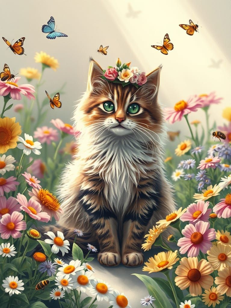 Tabby Cat in Cottage Garden as Botanical Illustration
