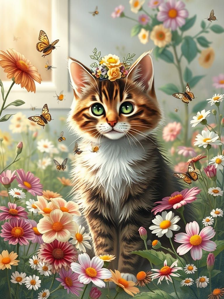 Tabby Cat in Floral Crown, Botanical Illustration Style