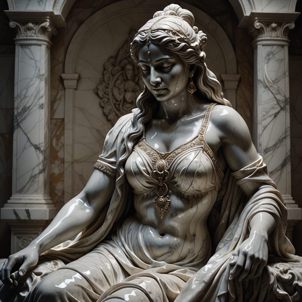 Baroque Marble Sculpture of Bathing Indian Woman