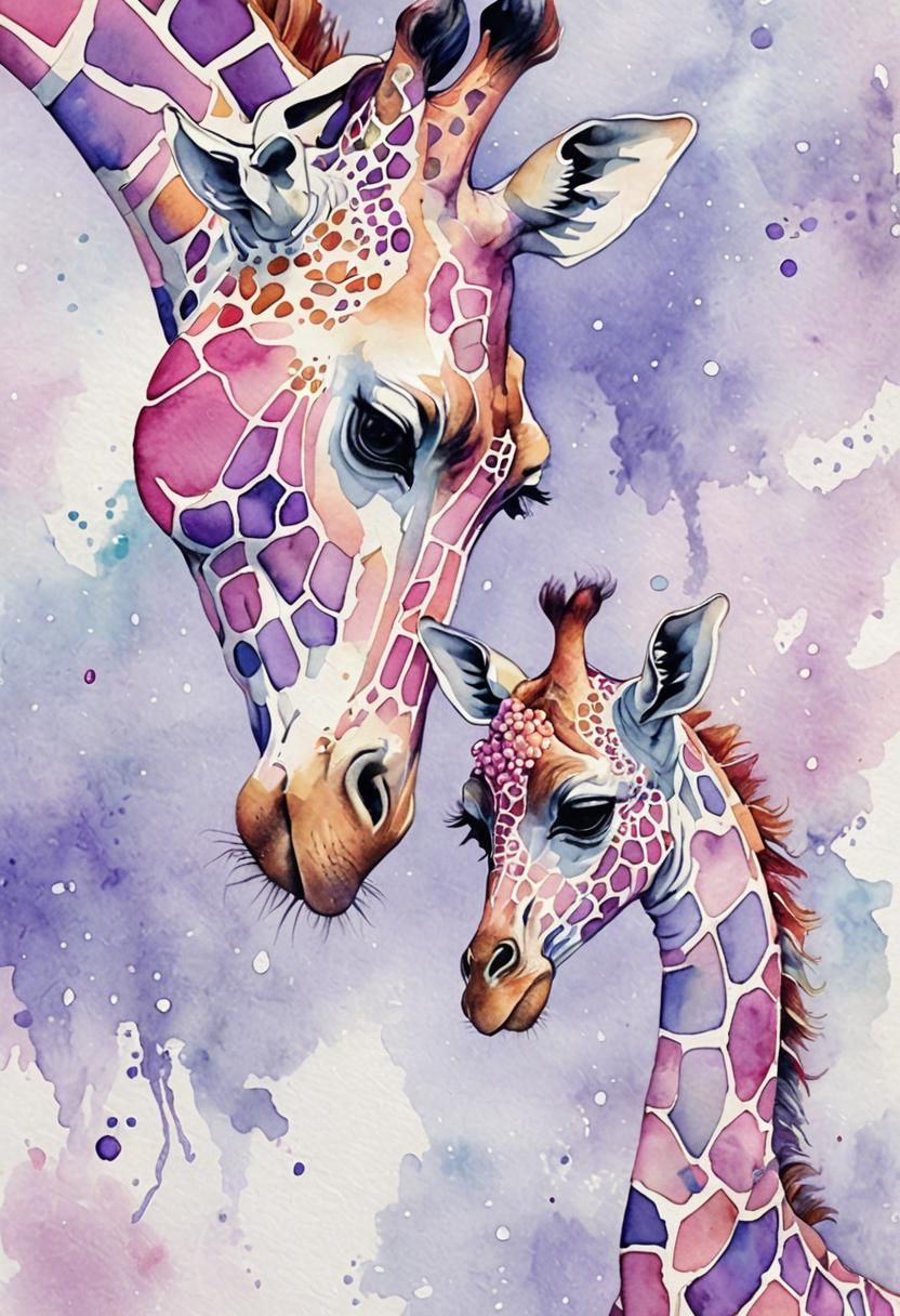 Whimsical Giraffes in Klimt Style Watercolor