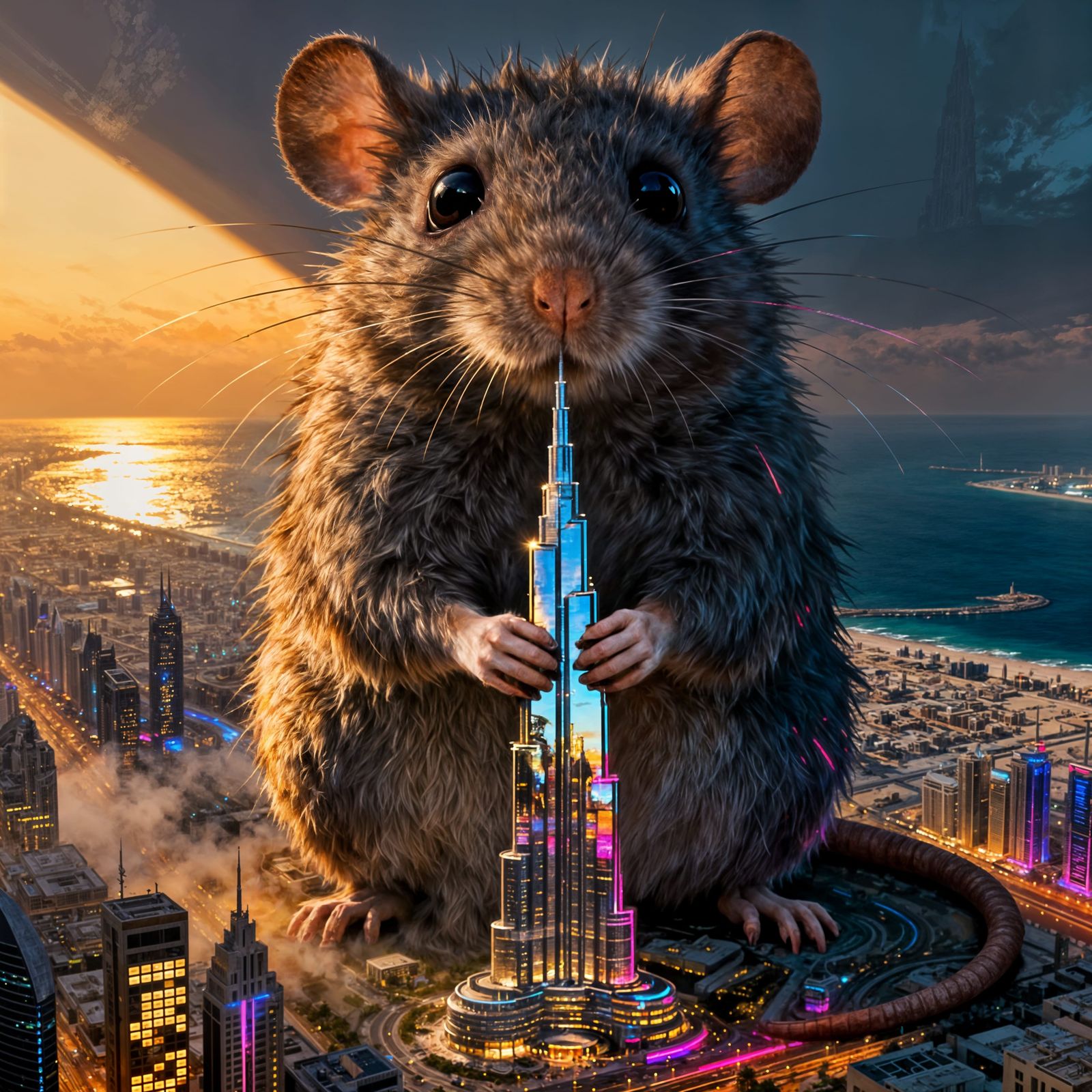 Giant Fuzzy Mouse Holds Burj Khalifa in Dubai