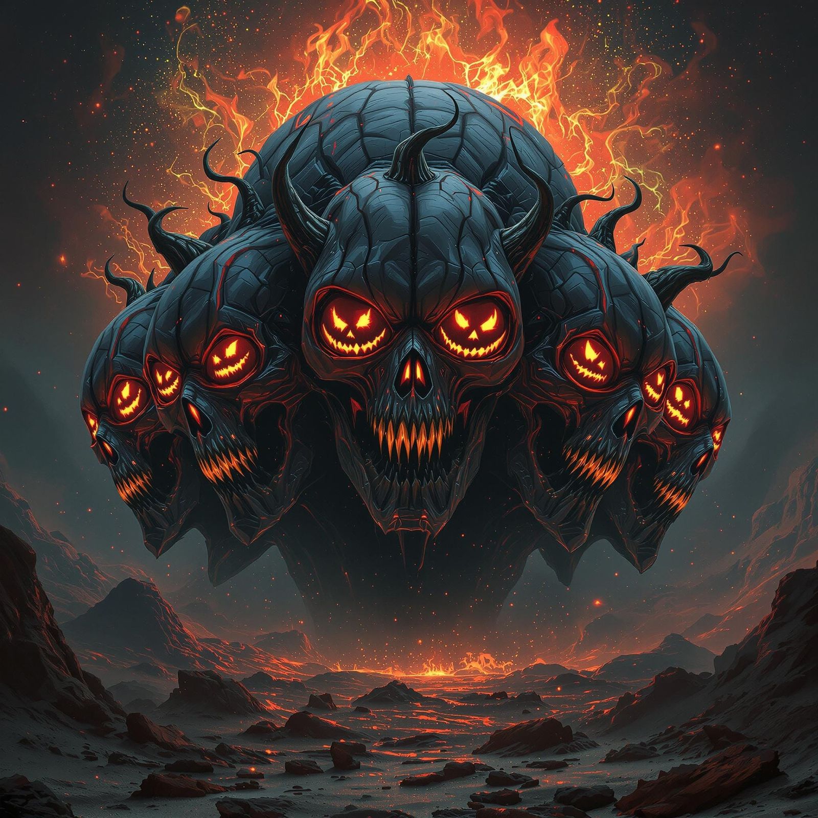 Humanoid Black Hole with Pumpkin Heads in Dark Sci-Fi