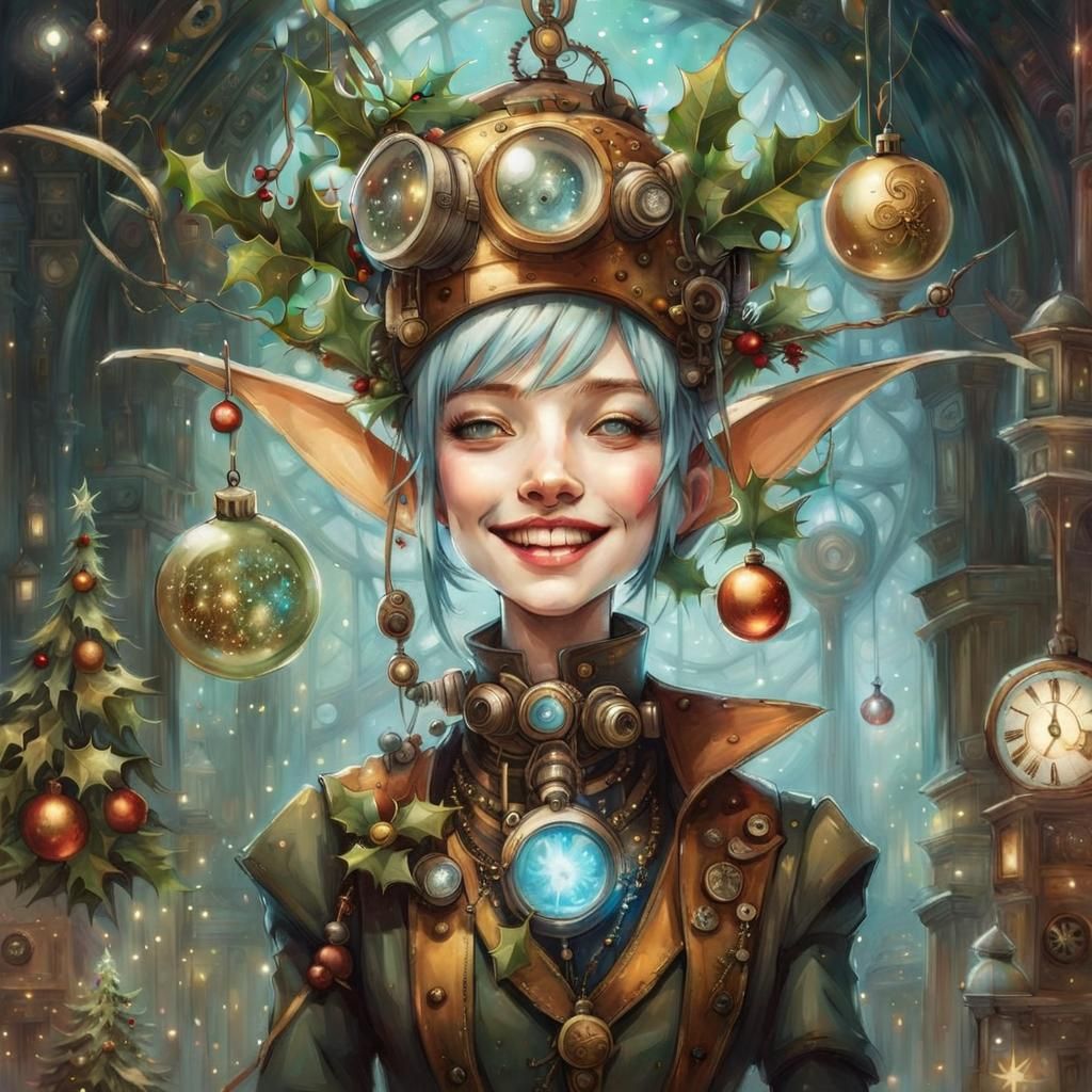 Steampunk Elf Portrait with Christmas Ornaments