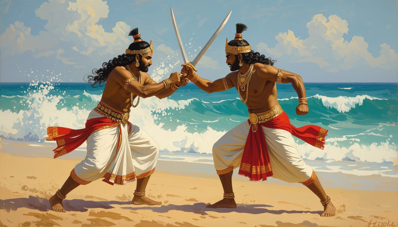 Indian Men Fighting on Beach in Classical Style