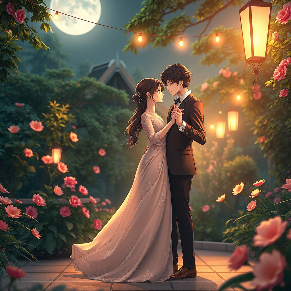 Romantic Dance in Moonlit Anime Garden