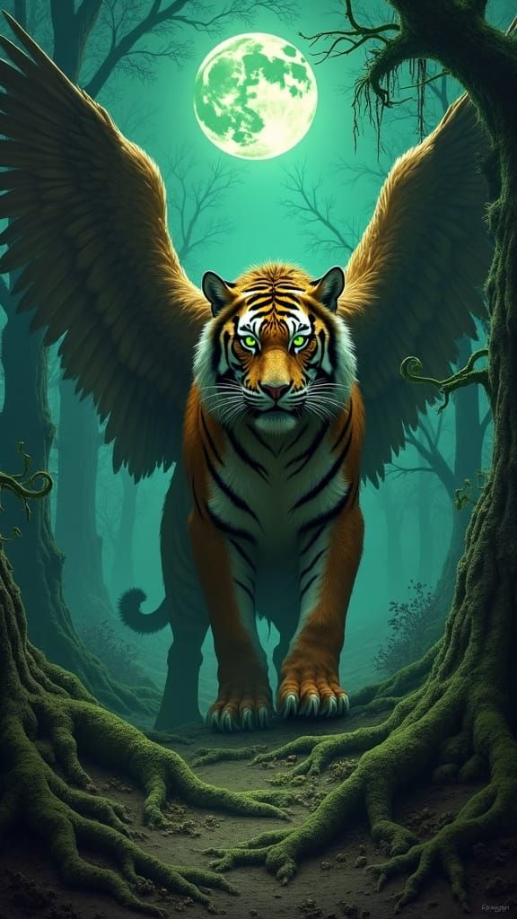 Majestic Tigle in Misty Forest, Fantasy Illustration