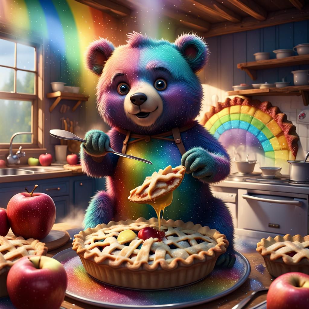 Rainbow Glitter Bear Baking Pie: Cartoon Art