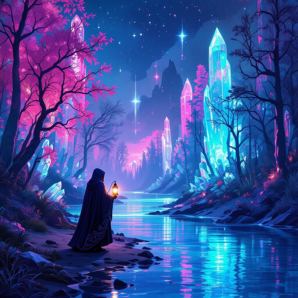 Ethereal Crystal Forest Under Neon Sky, Digital Art