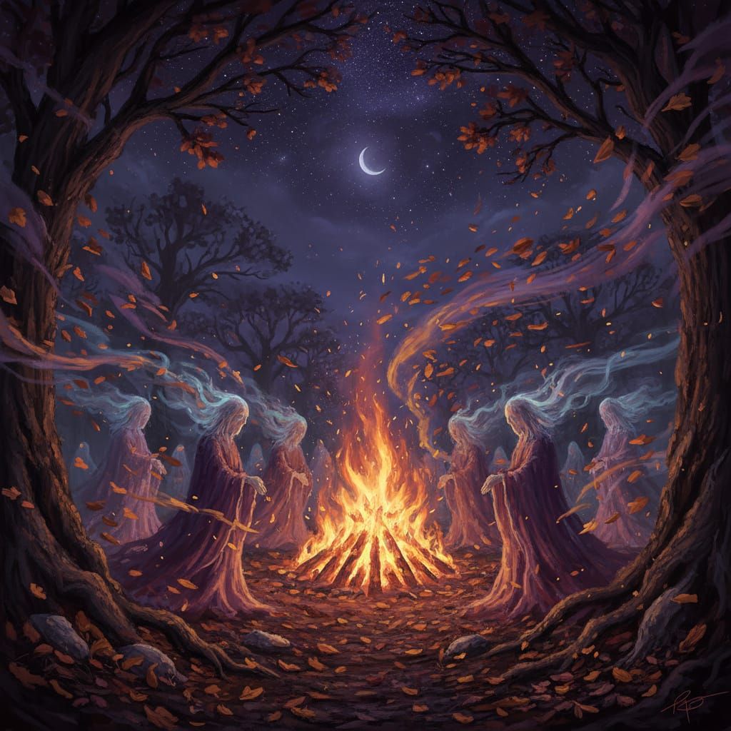 Mystical Samhain Celebration Bonfire Under Starry Night