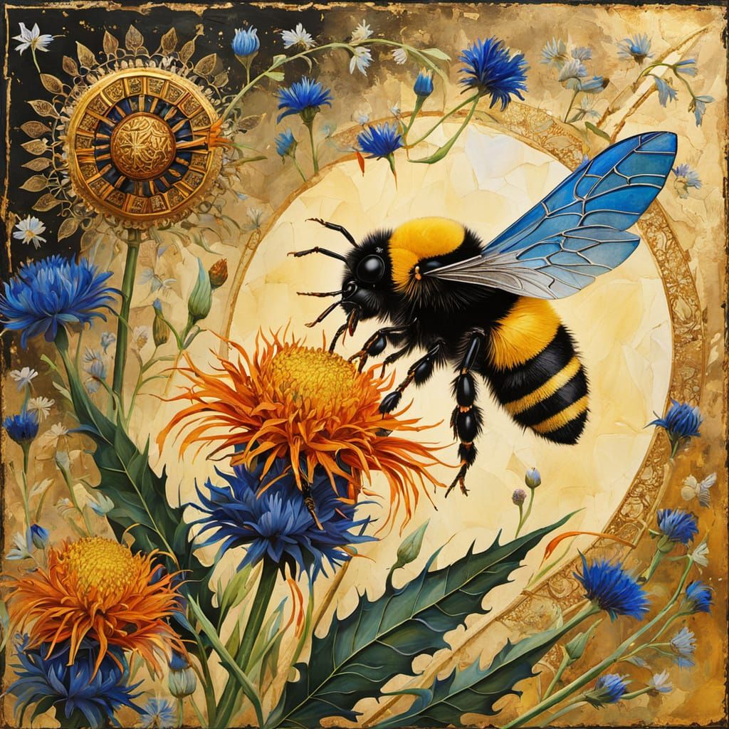 Crystallized Bee Sips Nectar in Art Brut Style