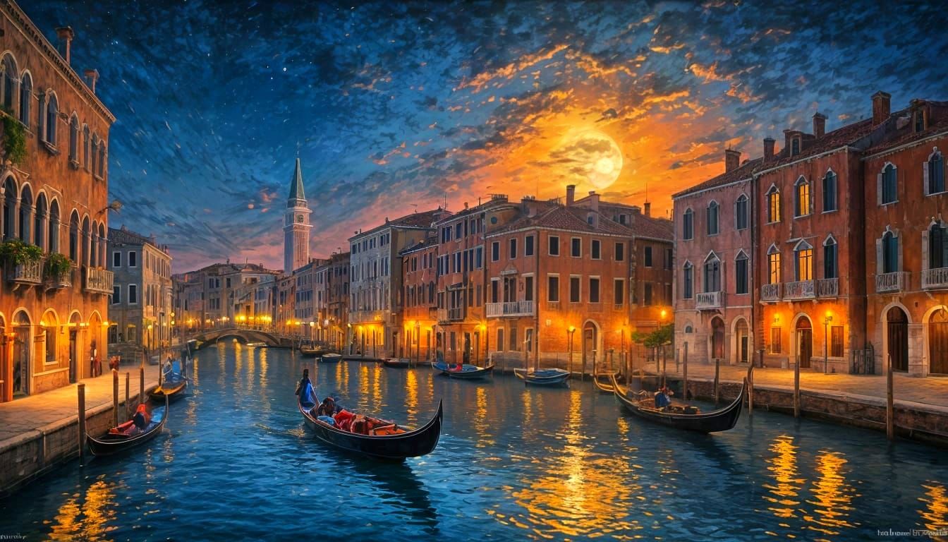 Venetian Gondola Moonlight Oil Painting