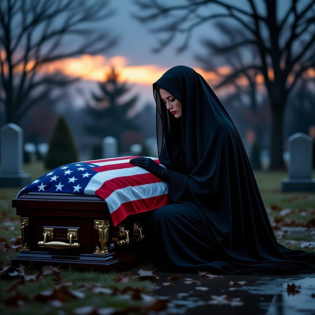 Grieving Widow at Soldier's Coffin in Rainy Cemetery