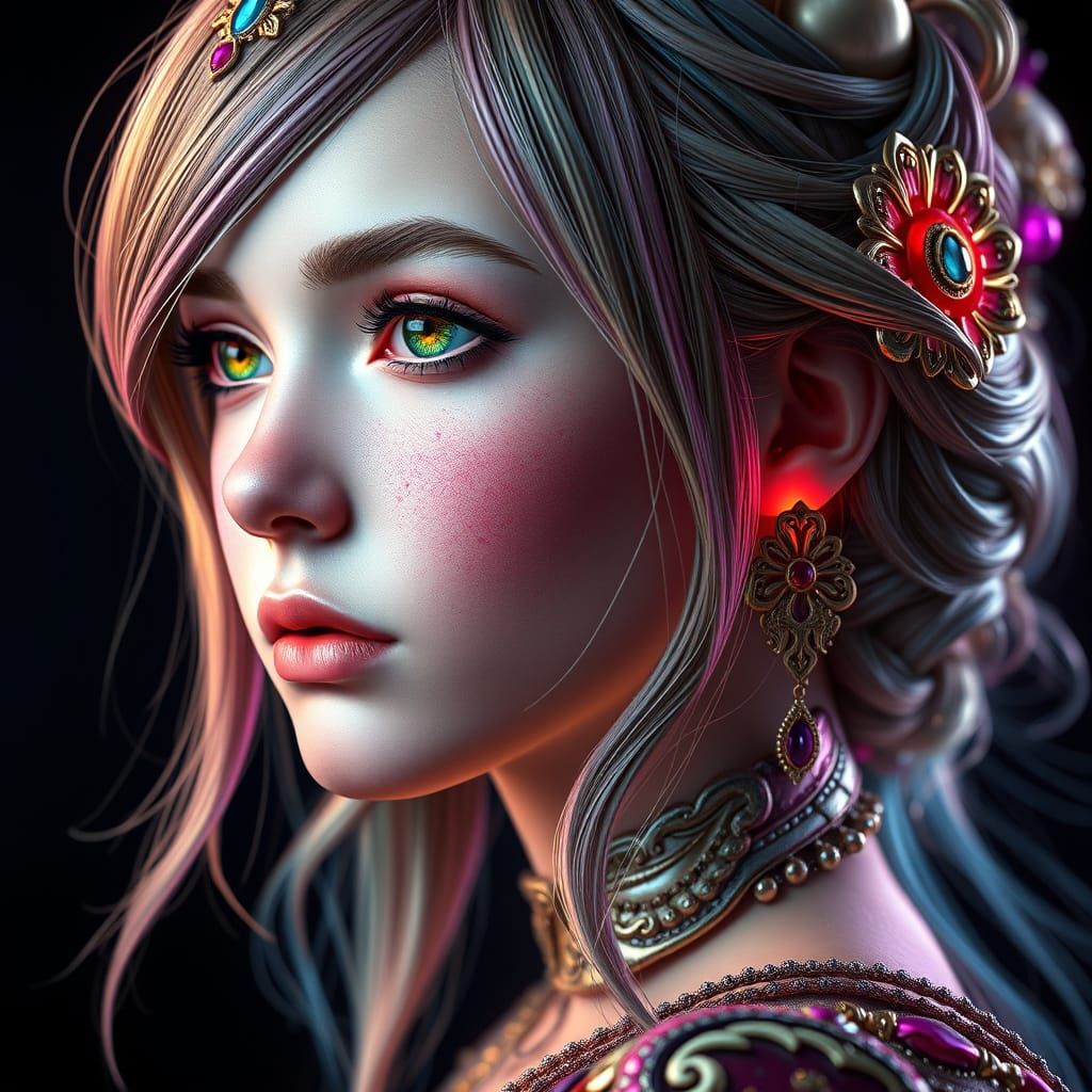 Detailed Portrait of Girl in Realism and Ornamentation