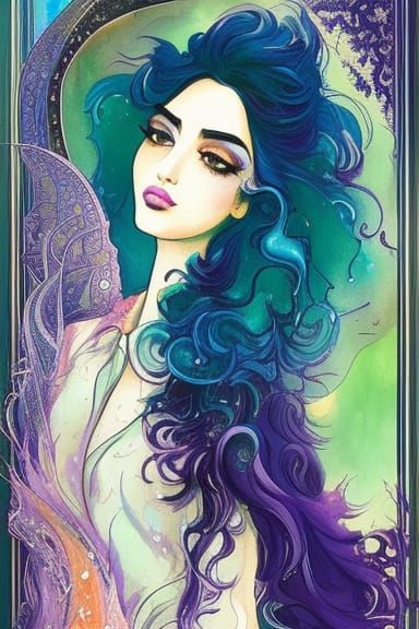 Purple Haired Persian Girl in Gouache Painting Style