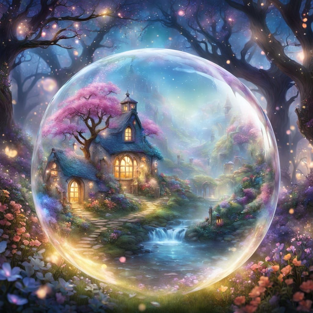 Glass Bubble With Spring Scene and Fairy Lights
