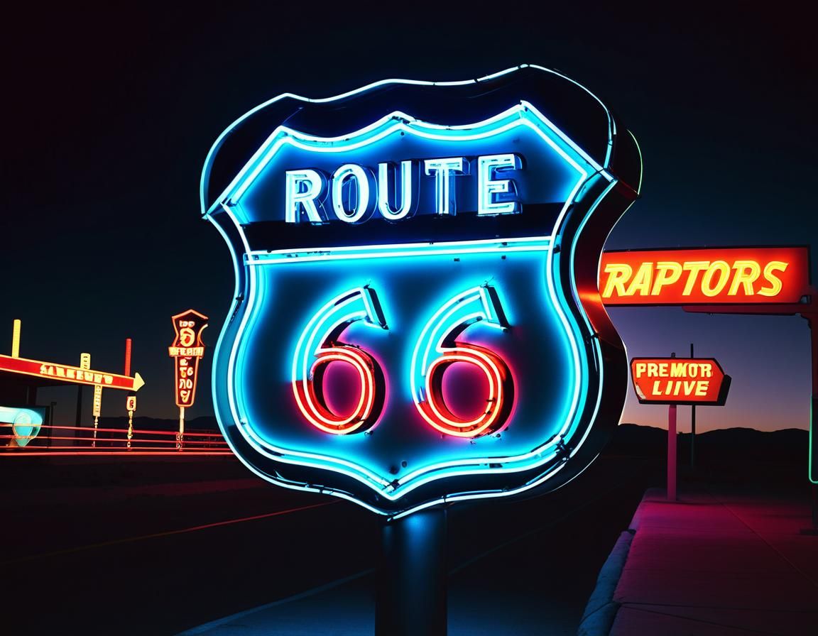 Futuristic Neon Route 66 Sign in Cinematic Style