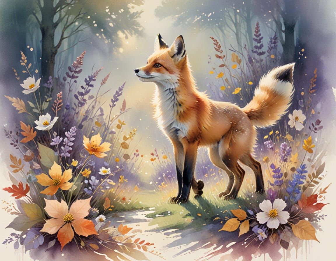Red Fox in Autumn Leaves, Watercolor Style