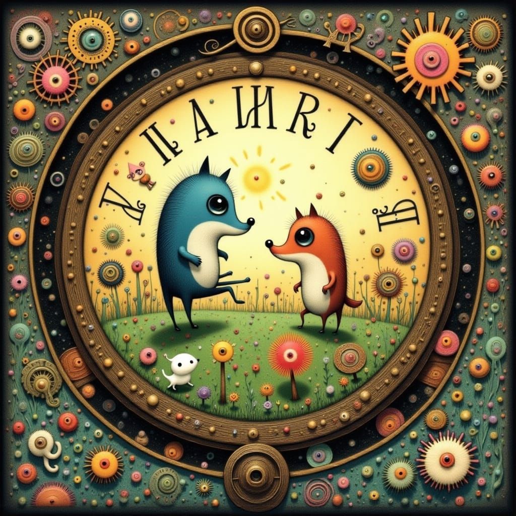 Chibi Wolves in Antique Clockwork, Whimsical Scene