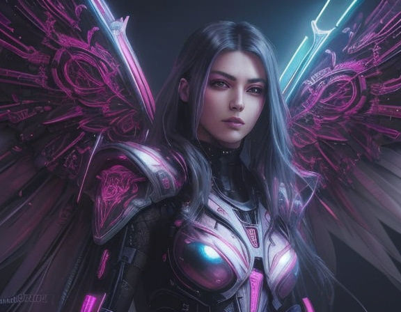 Cybernetic Angel with Silver Wings in Cyberpunk Style