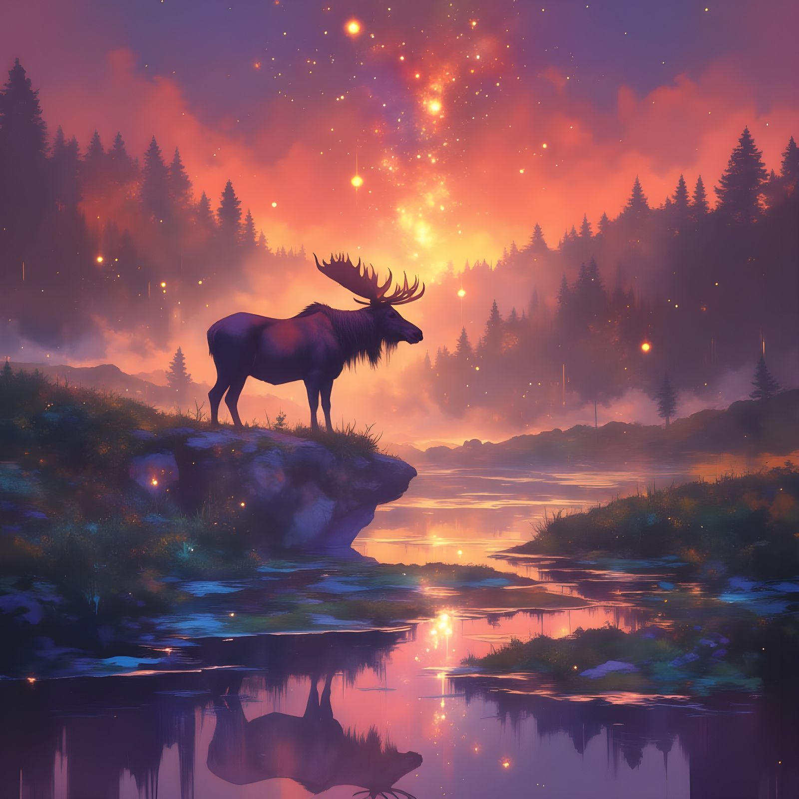 Majestic Moose Amidst Vibrant Spring Blooms in Dreamy Sunset...