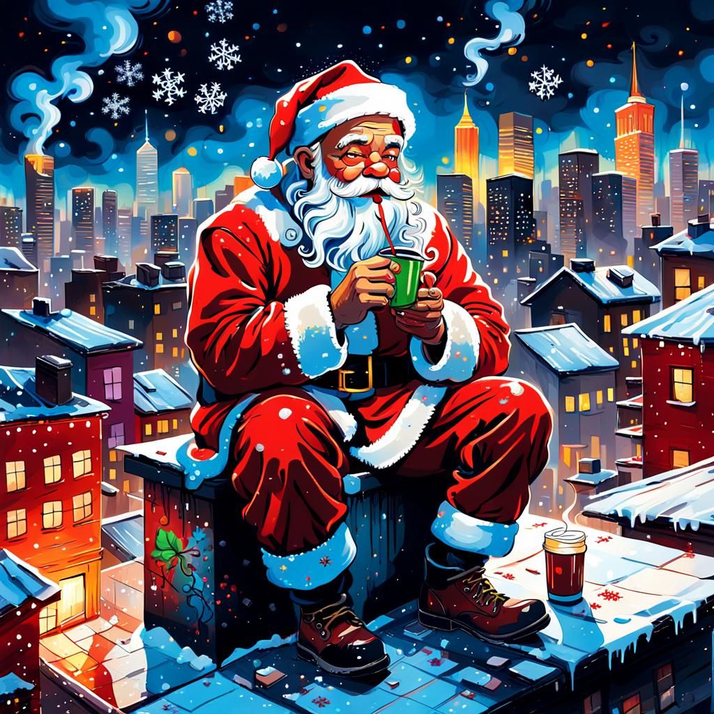 Santa Claus Rooftop Coffee Break in Graffiti Style