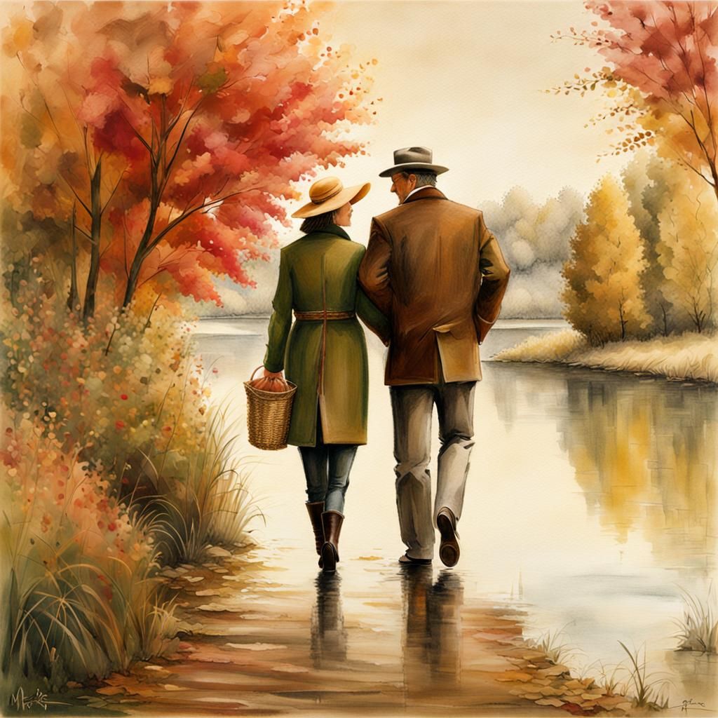 Couple Walking by Lake on Autumn Morning: Graphite