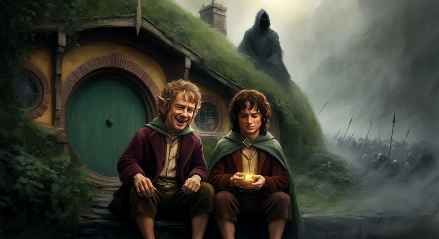 Bilbo and Frodo Laughing with Ring, Dark Fantasy Style
