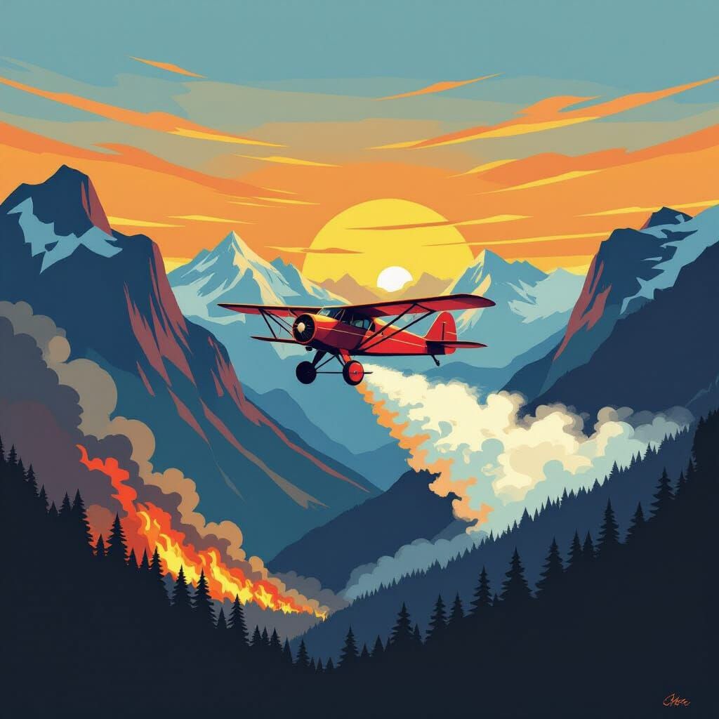 Biplane Fights Forest Fire in Lawren Harris Style