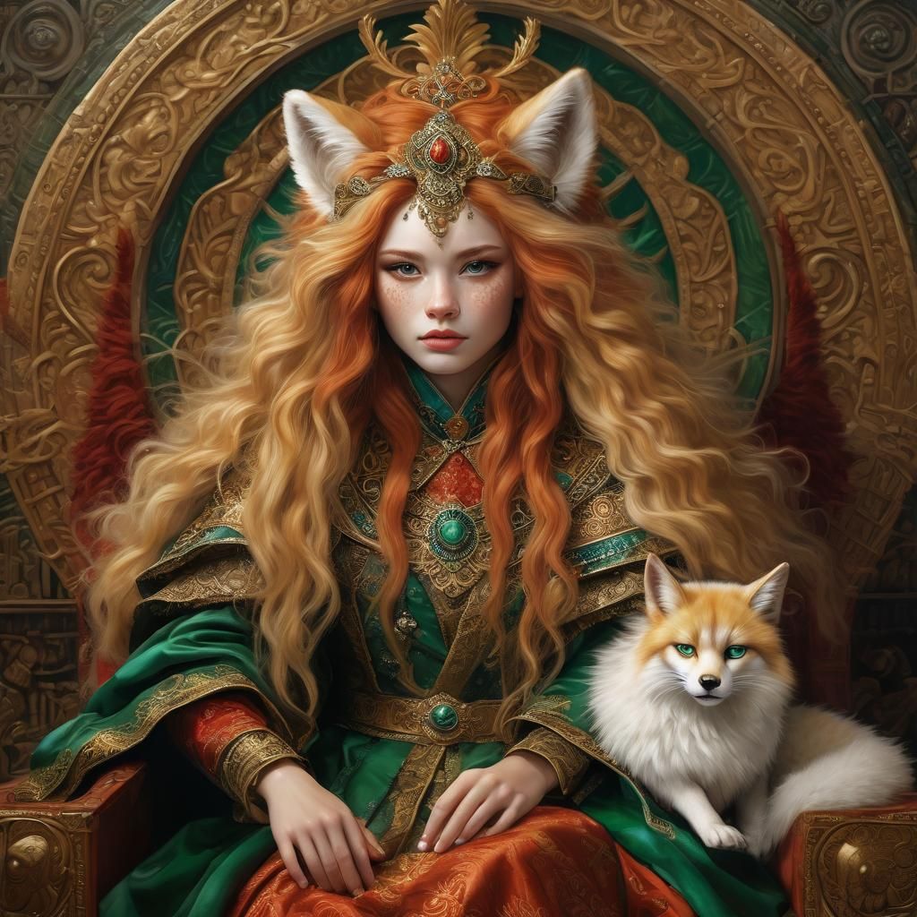 Regal Kitsune Woman Portrait in Oil Painting Style