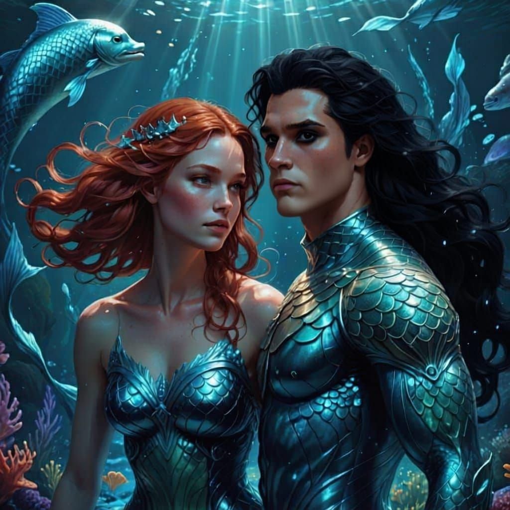Redhead Woman and Merman with Blue Luminescence