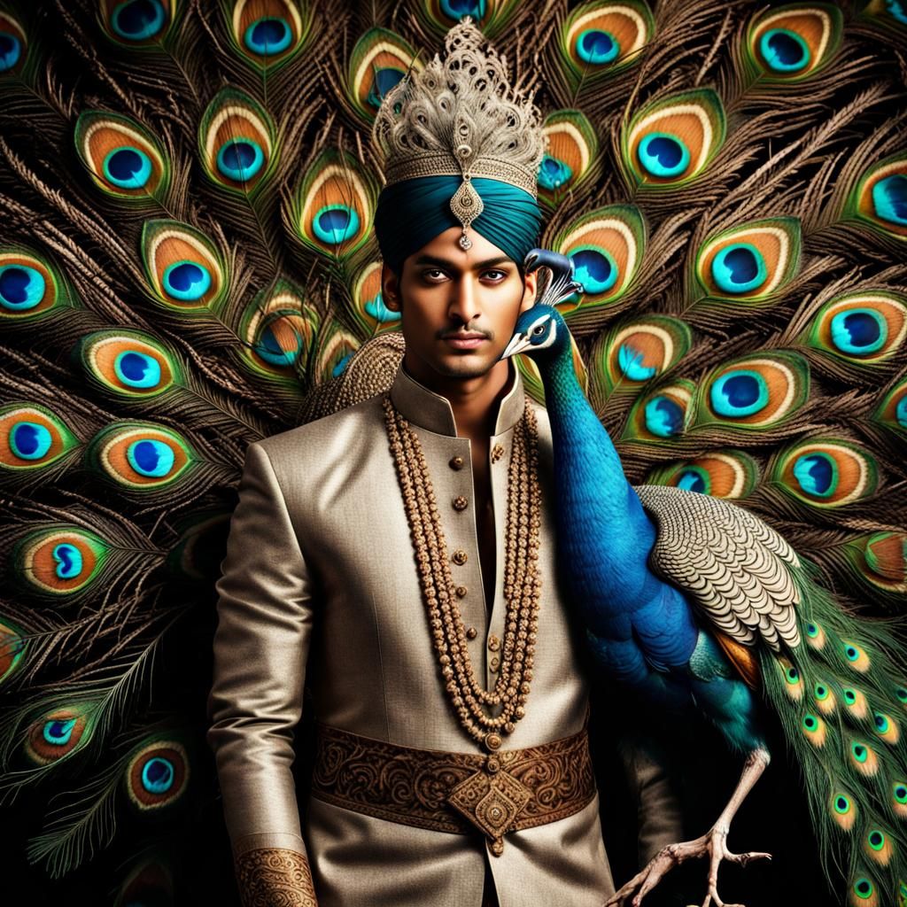 Indian Prince with Peacock in Hyperrealistic Detail