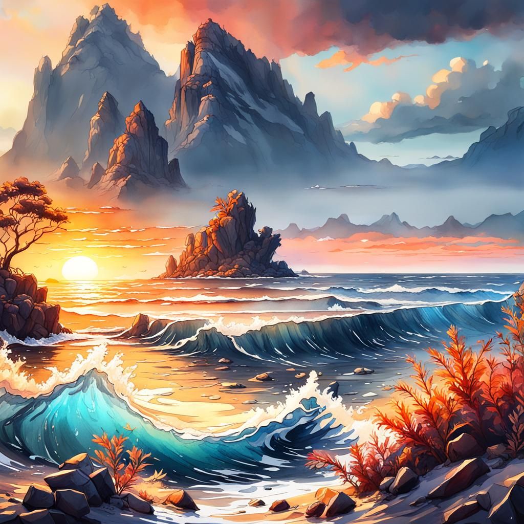 Watercolor Sunset Ocean Landscape in Deep Color