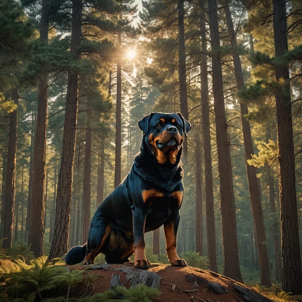 Rottweiler Dog in Fantasy Pine Forest