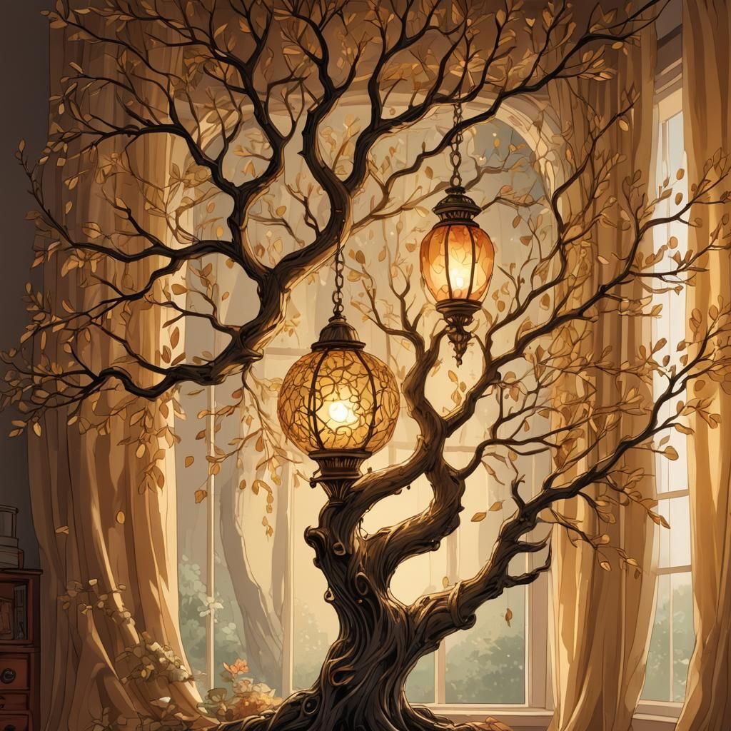 Enchanted Tree Lamp in Cozy Room Illustration