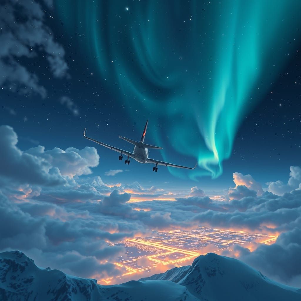 Ethereal Airplane Soars Through Starry Night Sky in Dystopia...