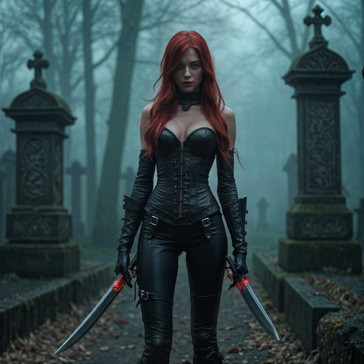 Dhampir Warrior in Gothic Graveyard, Cinematic Style