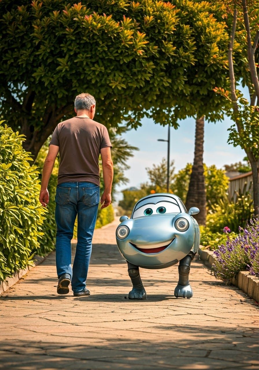 Man Strolls Beside His Pet Car on a Sunny Day