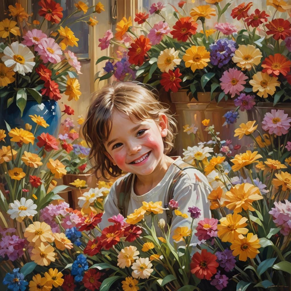 Vibrant Child Surrounded by Blooming Flowers in Cozy Impress...