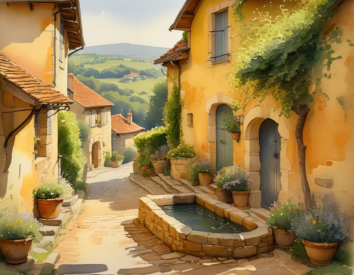 Picturesque Medieval Village in Impressionist Watercolor