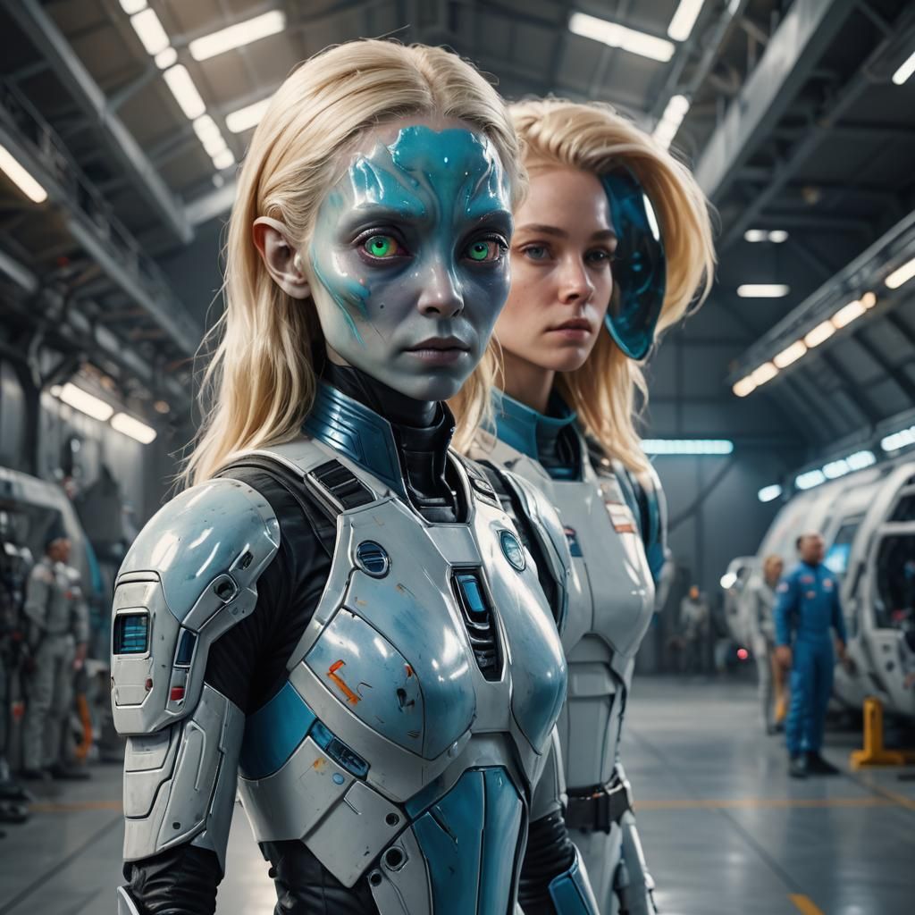 Alien in Hangar: Hyperrealistic Sci-Fi Concept Art