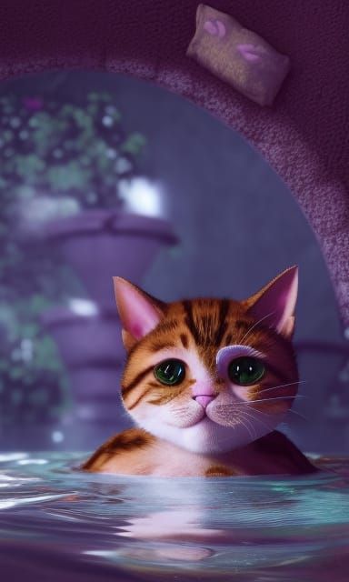 Cute Cat Bathing: Detailed Fantasy Concept Art