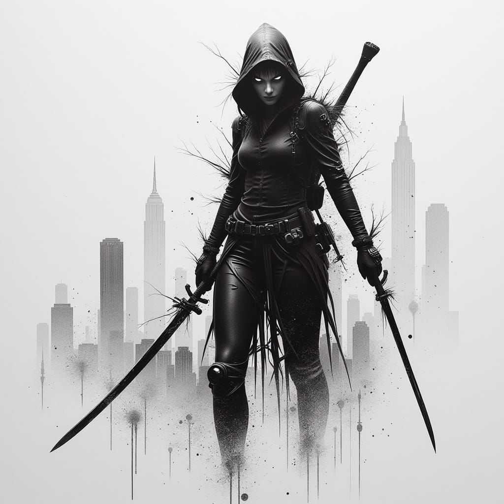 Cyberpunk Lady Mantis Draws Sword in Night City