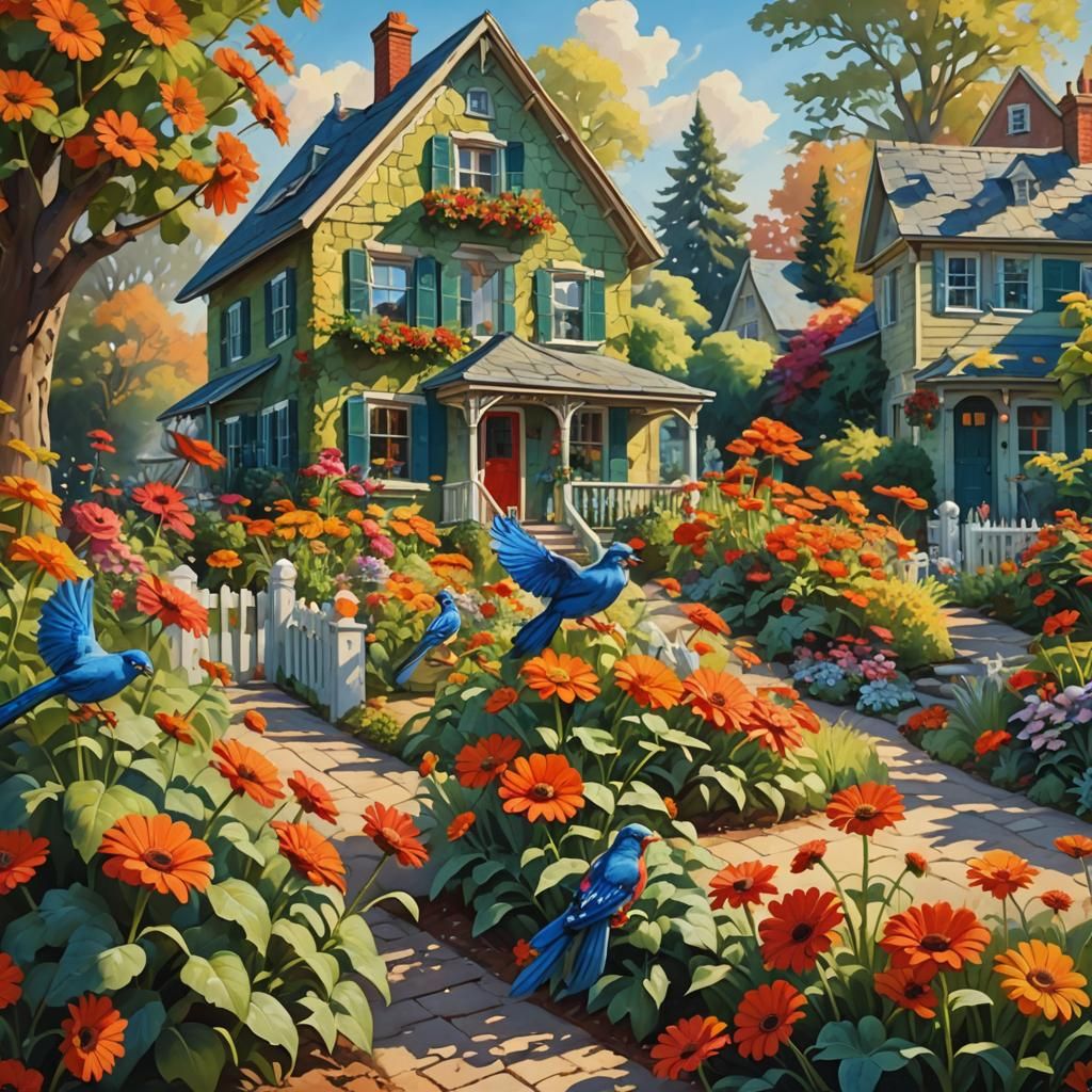 Idyllic Country Houses with Chickens in Oil Painting Style