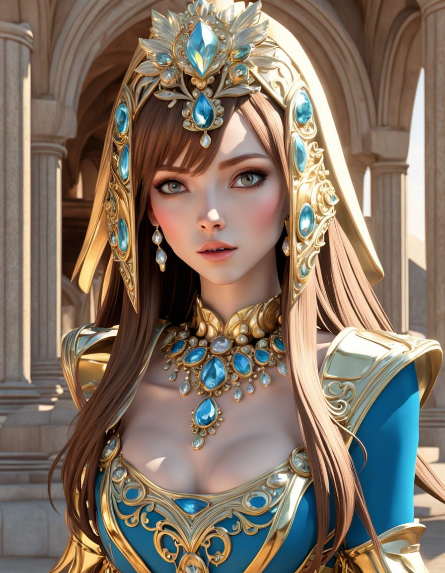 Ethereal Princess in Golden Armor on Beach