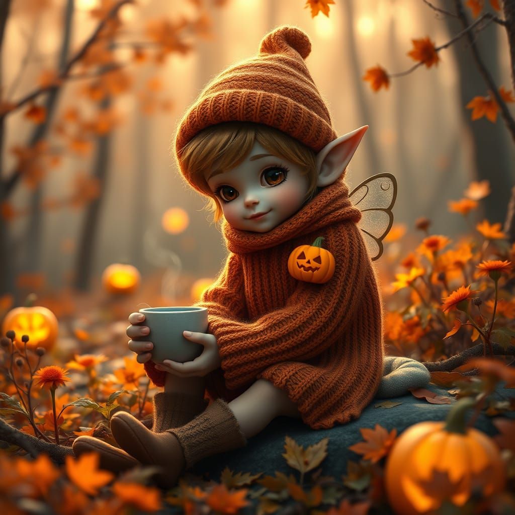 Whimsical Pixie in Autumn Forest with Orange Sweater and Pum...