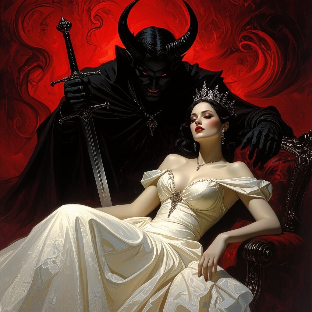 Queen Reclines as Devil Looms with Sword